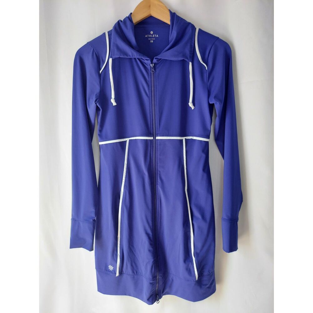 Athleta Spinnaker Royal Blue Track Suit Jacket SPF XS White Trim Long Sleeve